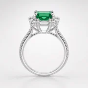 Side profile of Emerald Cut Halo Ring showing raised setting and pavé S925 silver band