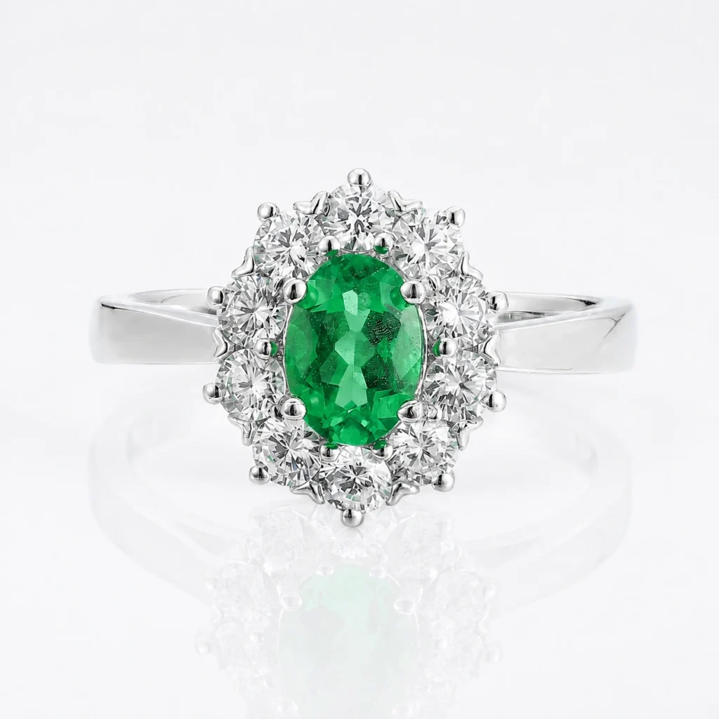0.734ct Oval Emerald Halo Ring with vivid green lab-grown emerald in S925 silver