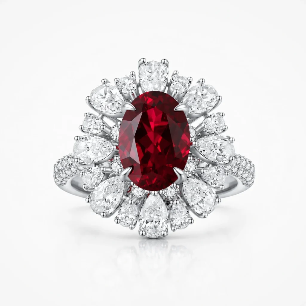 3ct Ruby Cocktail Ring with oval lab-grown ruby and floral halo in S925 sterling silver