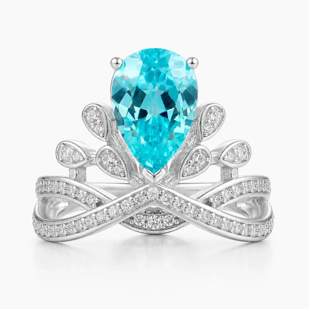 2.3ct Paraiba Crown Ring with pear cut aqua blue lab-grown gemstone in S925 silver