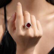 Woman wearing SIGLO Scarlet Empress 6.405ct lab-grown ruby ring