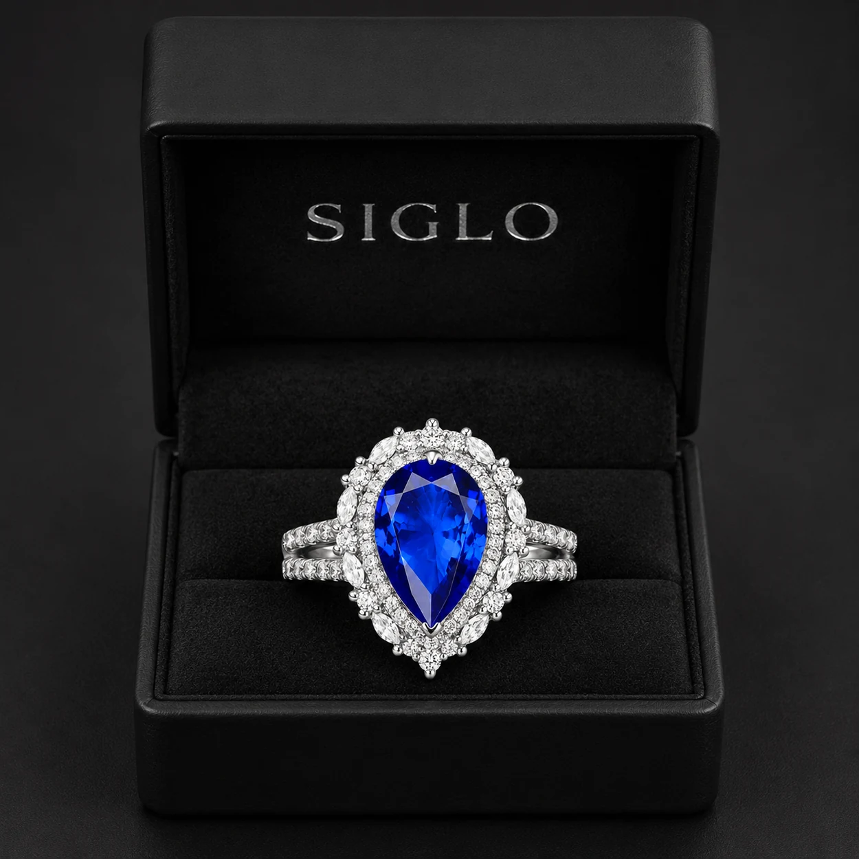 SIGLO lab-grown sapphire ring presented in luxury black jewelry gift box