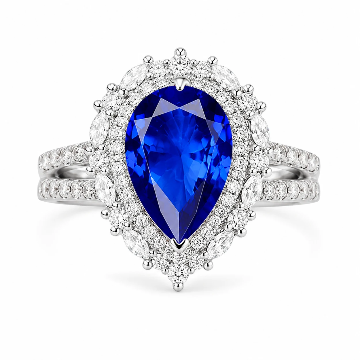 4.142ct lab-grown sapphire ring in S925 silver with pear cut blue center stone