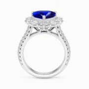 Blue sapphire ring side profile with halo setting