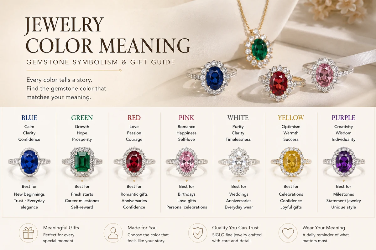 Jewelry color meaning guide featuring blue green red pink and white gemstones