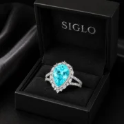 SIGLO Paraiba Celeste Ring presented in luxury black jewelry gift box