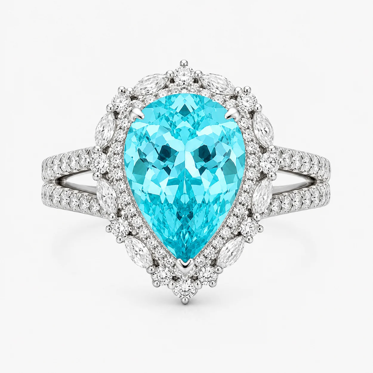 5.37ct lab-grown Paraiba pear cut ring in S925 silver with sparkling halo