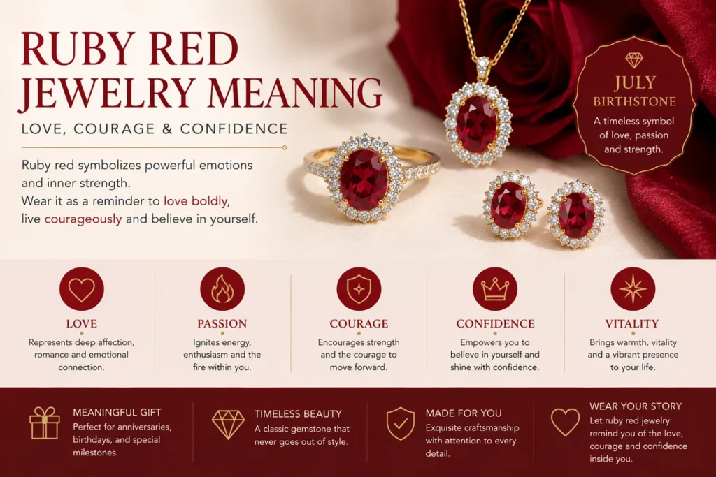 Ruby red jewelry meaning guide featuring elegant red gemstone necklace ring and earrings