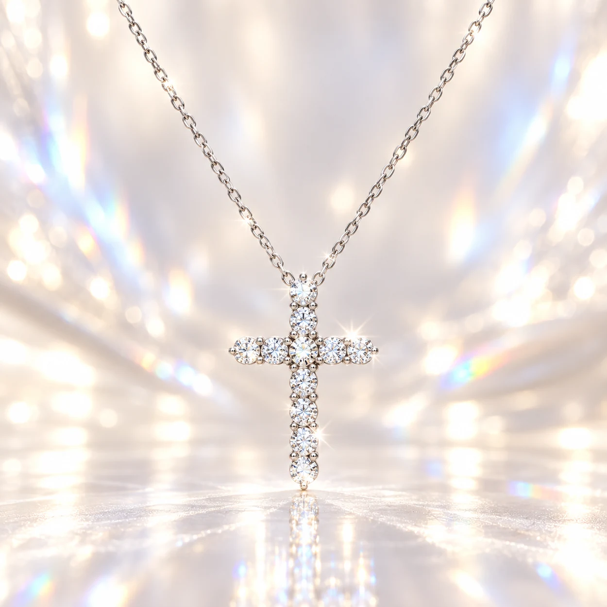 Front view of a lab-grown diamond cross pendant with 11 diamonds in S925 silver