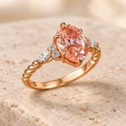 45-degree view of an oval lab-grown pink diamond ring