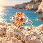 Side profile of an orange diamond ring with trapezoid side stones