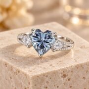 45-degree view of an ice-blue heart lab-grown diamond ring