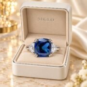 Side profile of a blue diamond ring with half-moon side stones