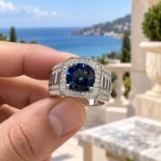 45-degree view of a men’s blue moissanite ring