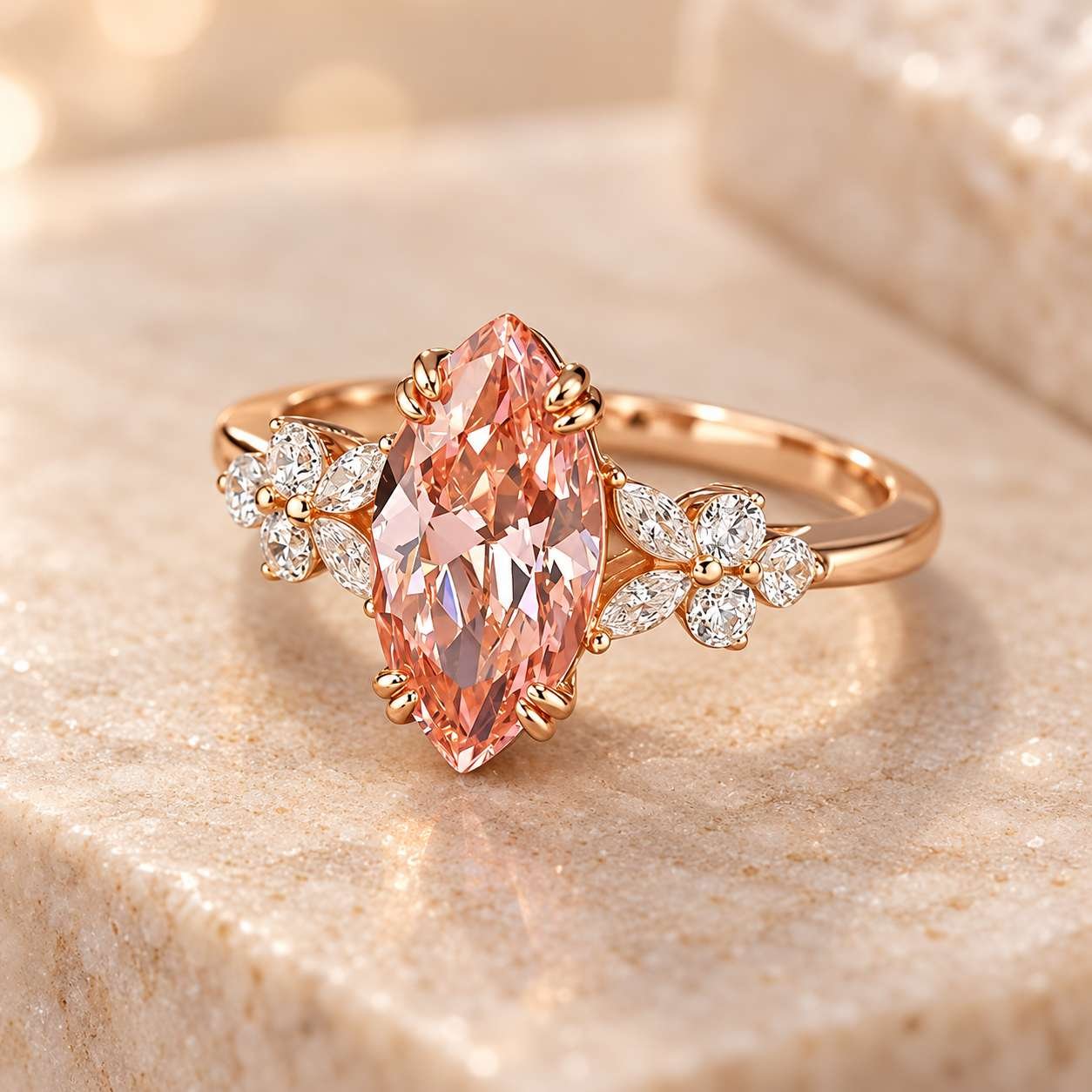 45-degree view of a marquise pink diamond ring