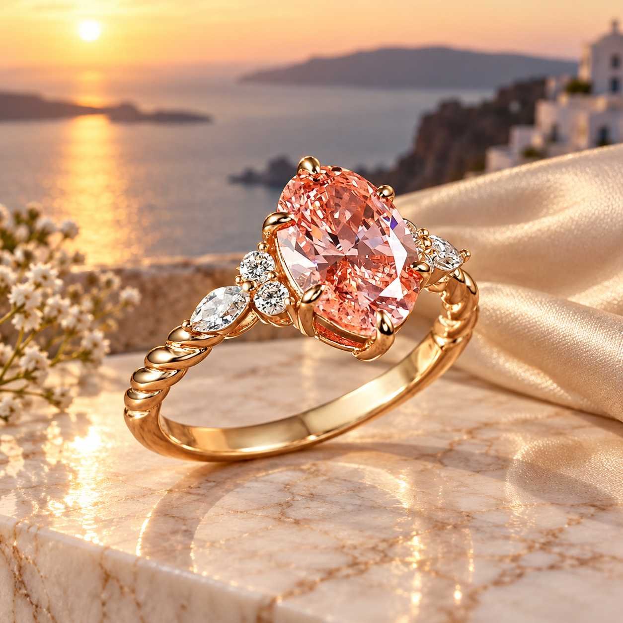 45-degree view of an oval lab-grown pink diamond ring