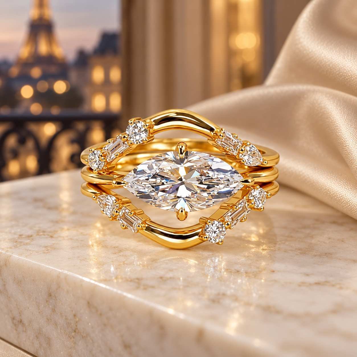 Front view of Lumière Orbit 3ct Marquise Diamond Ring