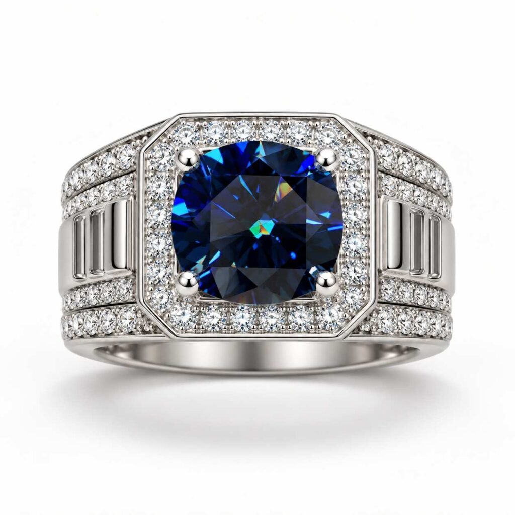Front view of Titan Nocturne 5ct Blue Moissanite Ring