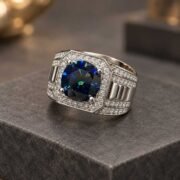 5ct Blue Moissanite Ring displayed in a masculine luxury setting