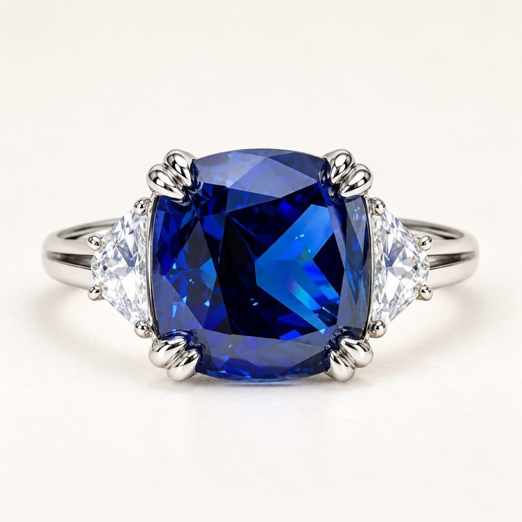 Front view of Midnight Sovereign 12ct Blue Diamond Ring cushion-cut-blue-diamond-ring-45-degree.webp