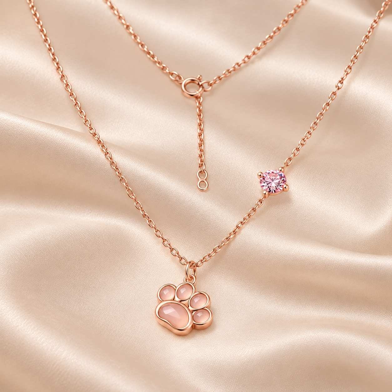 Rose gold paw pendant necklace displayed on champagne silk