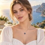 Model wearing an adjustable Blue Heart Necklace