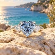 Elegant model wearing a blue heart diamond ring in S925 silver