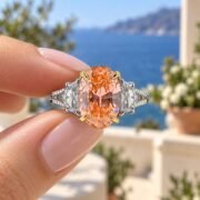Elegant model wearing an oval orange diamond statement ring