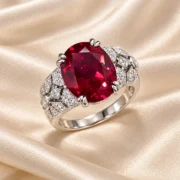 45-degree view of the Crimson Reverie oval red gemstone ring