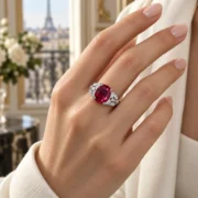 Model wearing the oval red gemstone ring with sparkling geometric shoulders