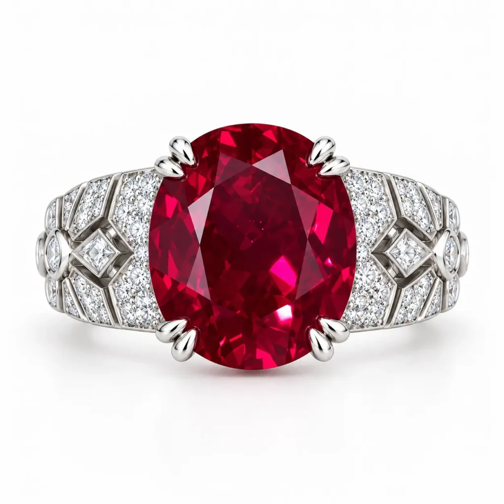 Oval red gemstone ring with paired prongs and sparkling geometric shoulders