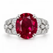 Oval red gemstone ring with paired prongs and sparkling geometric shoulders