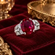 Crimson Reverie red gemstone statement ring in an elegant jewelry display