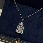 Diamond door pendant necklace with an arched frame and floral details in S925 silver