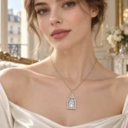 Model wearing the diamond door pendant necklace on a 45cm chain