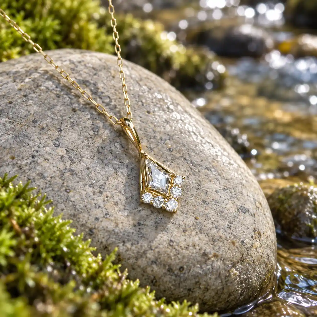 Angled view of the Golden Reverie kite-shaped moissanite pendant