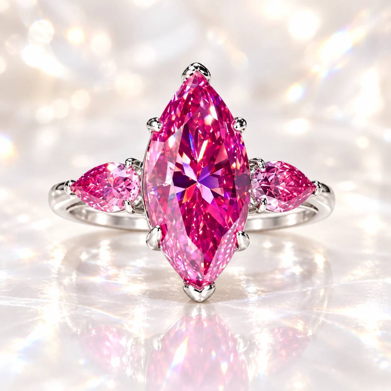 Pink marquise diamond ring with two pink side stones and an S925 silver band