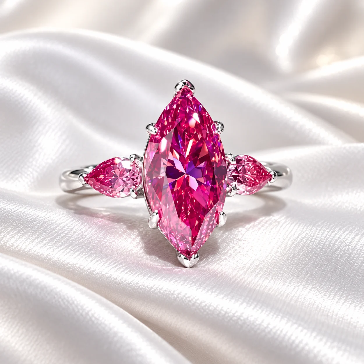 Angled view of the Rosé Promise three-stone pink diamond ring