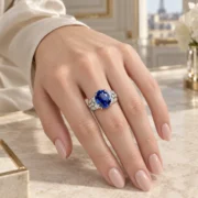 Model wearing the oval blue gemstone ring with a wide decorative band