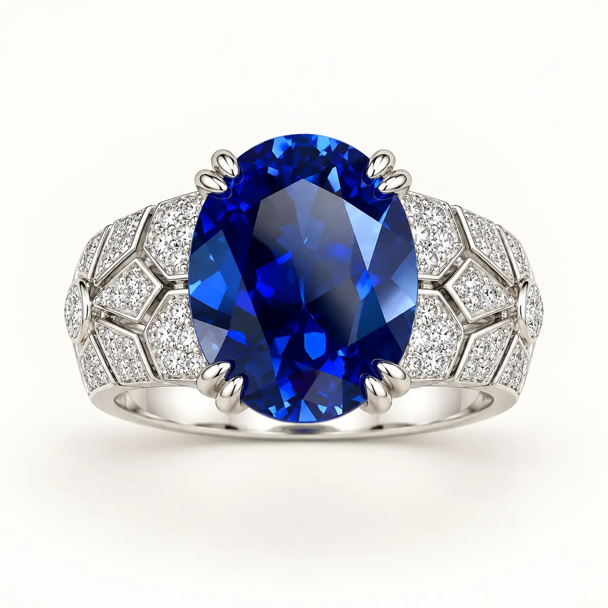 royal-blue-oval-gemstone-ring-front Oval blue gemstone ring with petal-like prongs and sparkling geometric shoulders