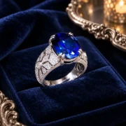 Midnight Promise blue gemstone statement ring in an elegant jewelry display