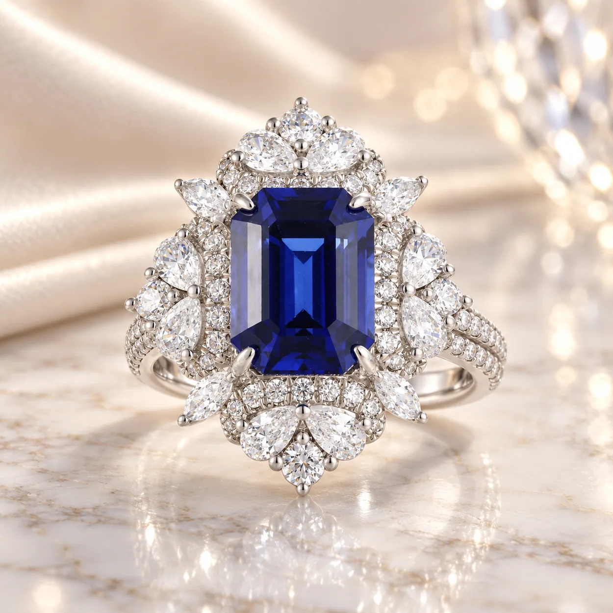 Royal-blue sapphire ring displayed in an elegant luxury setting