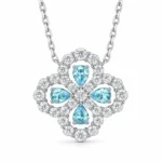 Blue clover necklace with four pear-shaped aqua stones and sparkling openwork borders in S925 silver
