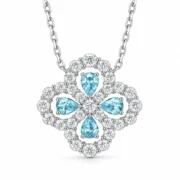 Blue clover necklace with four pear-shaped aqua stones and sparkling openwork borders in S925 silver