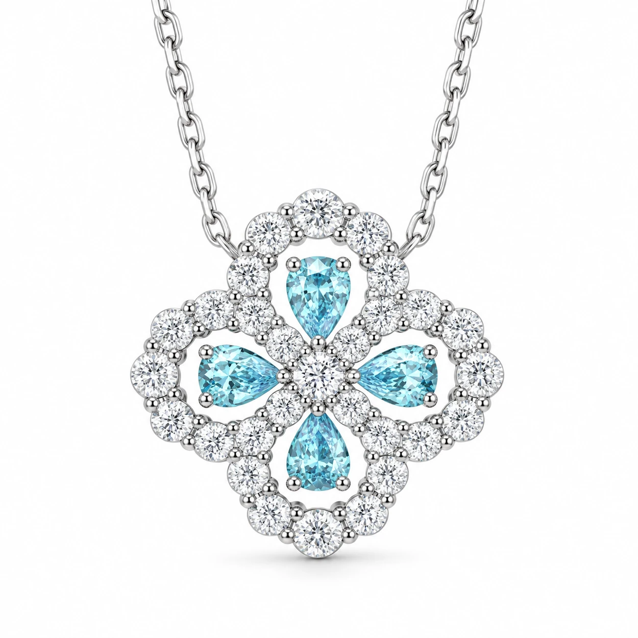 Blue clover necklace with four pear-shaped aqua stones and sparkling openwork borders in S925 silver