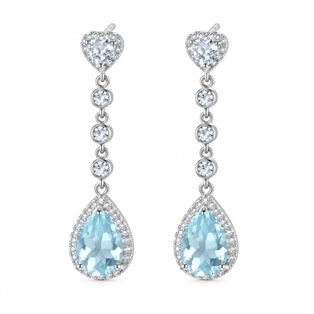 Blue topaz dangle earrings with heart-shaped tops, three round connecting accents and pear-shaped halos in S925 silver