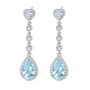 Blue topaz dangle earrings with heart-shaped tops, three round connecting accents and pear-shaped halos in S925 silver