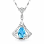 Blue topaz fan necklace with a pear-shaped center stone and openwork S925 silver pendant