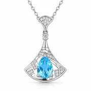 Blue topaz fan necklace with a pear-shaped center stone and openwork S925 silver pendant