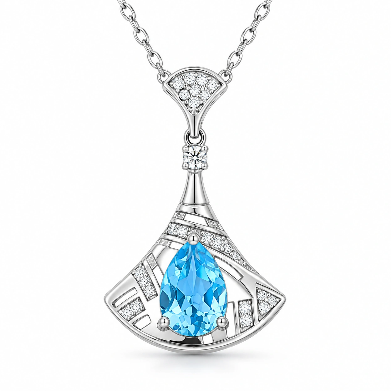 Blue topaz fan necklace with a pear-shaped center stone and openwork S925 silver pendant